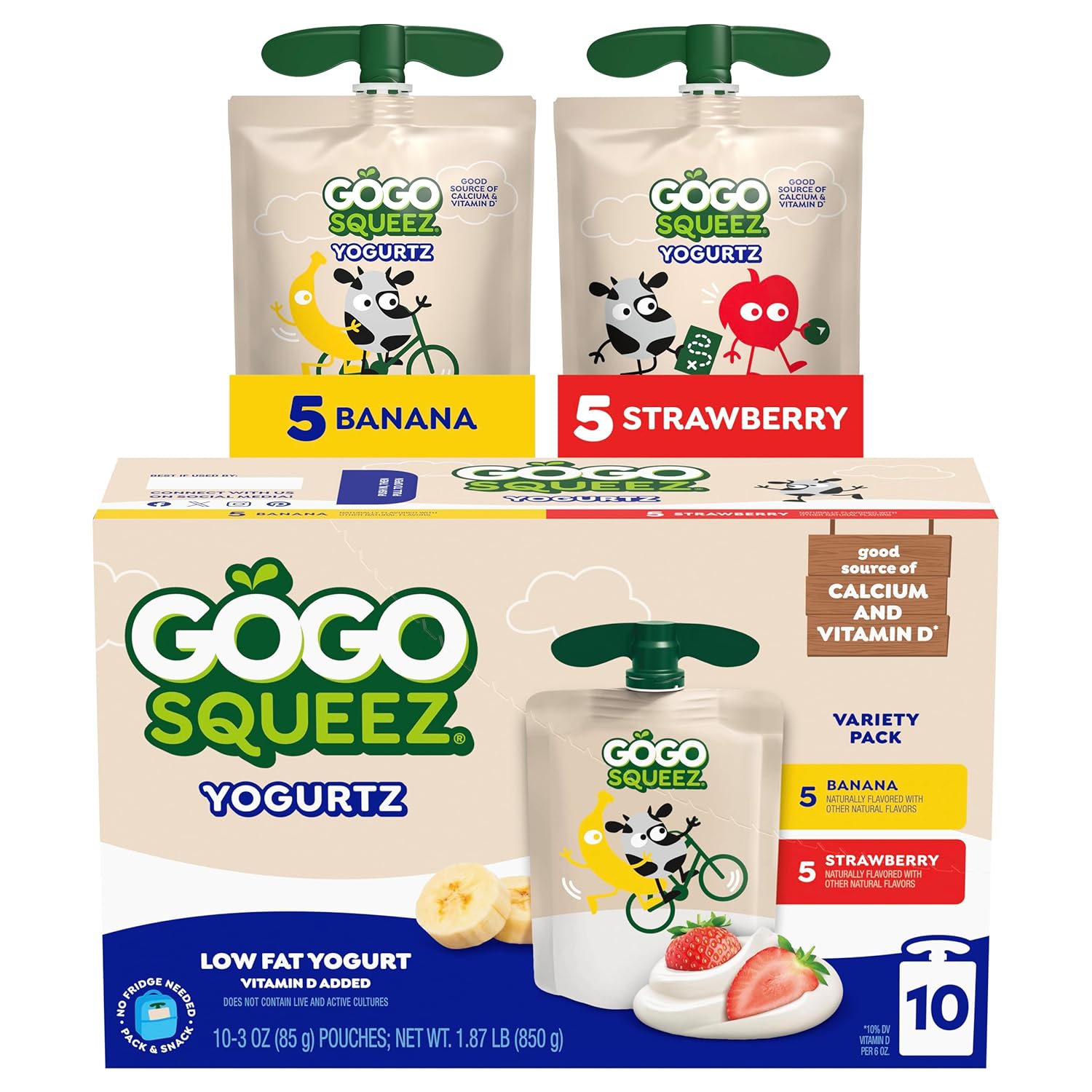 GoGo squeeZ yogurtZ Variety Pack, Strawberry & Banana, 3 oz (Pack of 10), Kids Snacks Made from Real Yogurt and Fruit, No Fridge Needed, Gluten Free, Nut Free, BPA Free Pouches (Packaging May Vary)