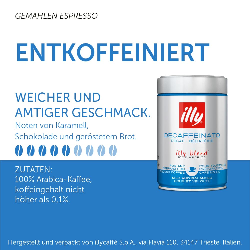 illy Ground Coffee Espresso - 100% Arabica Coffee Ground – Classico Decaf Roast - Notes of Caramel, Toasted Bread & Chocolate - Rich Aromatic Profile - No Preservatives – 8.8 Ounce