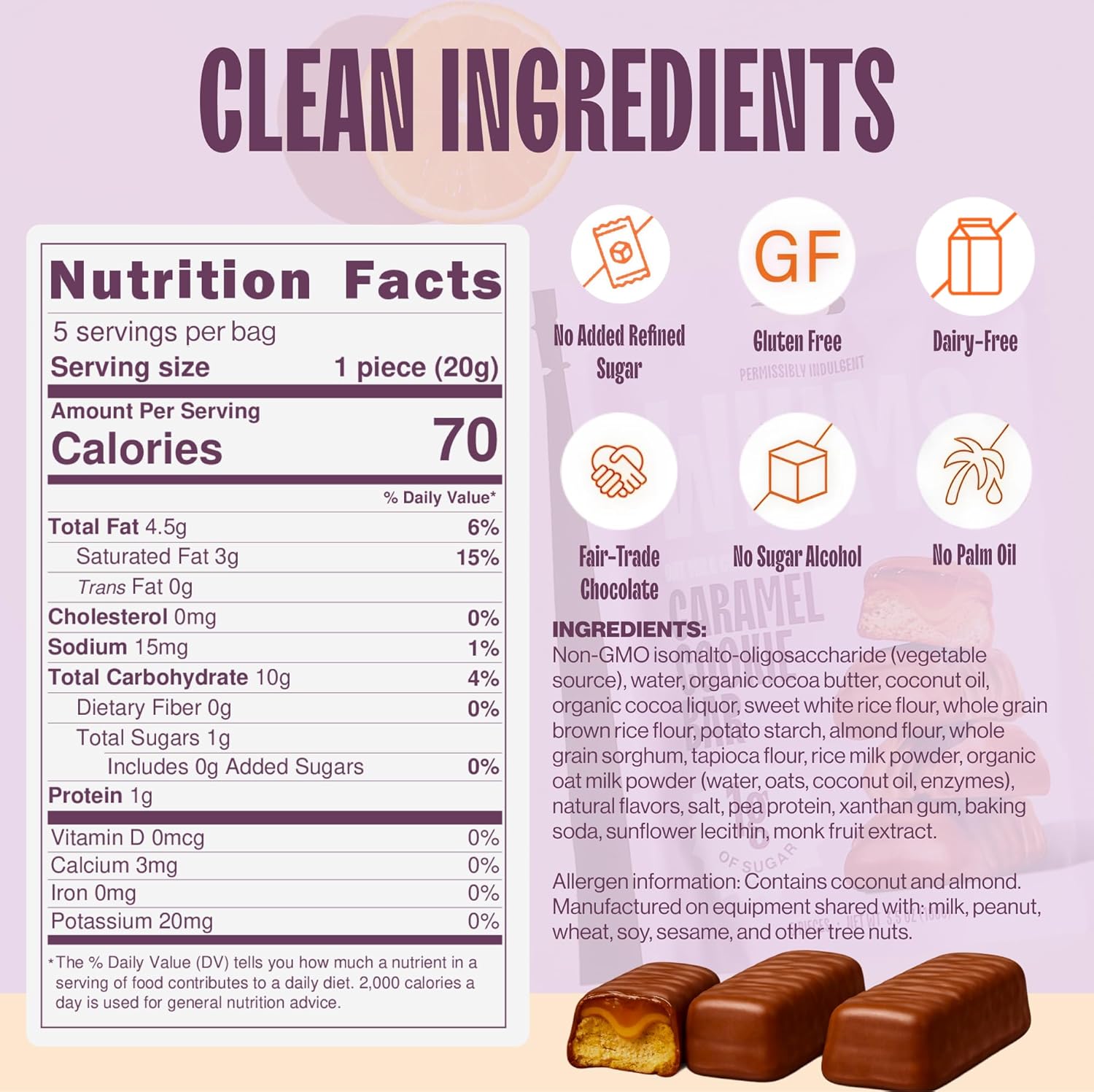 Whims Oat Milk Chocolate Caramel Cookie Bar – Clean Ingredients, Naturally Sweetened with Monk Fruit, No Sugar Alcohols – 1 Bag