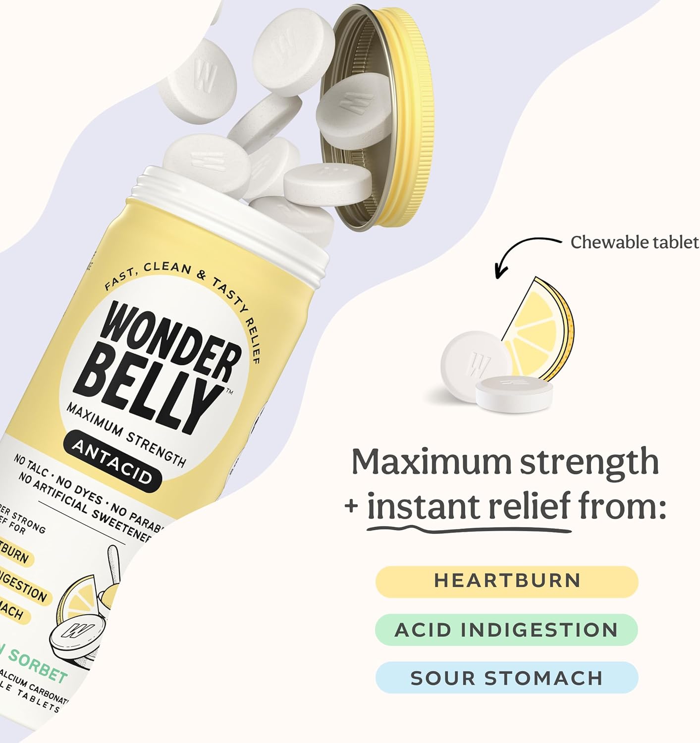 Wonderbelly Antacid, Effective Heartburn and Instant Acid Indigestion Relief, Extra Strength Chewable Tablets, 1000 mg Calcium Carbonate, No Talc or Dye, Lemon Sorbet, 60 Count