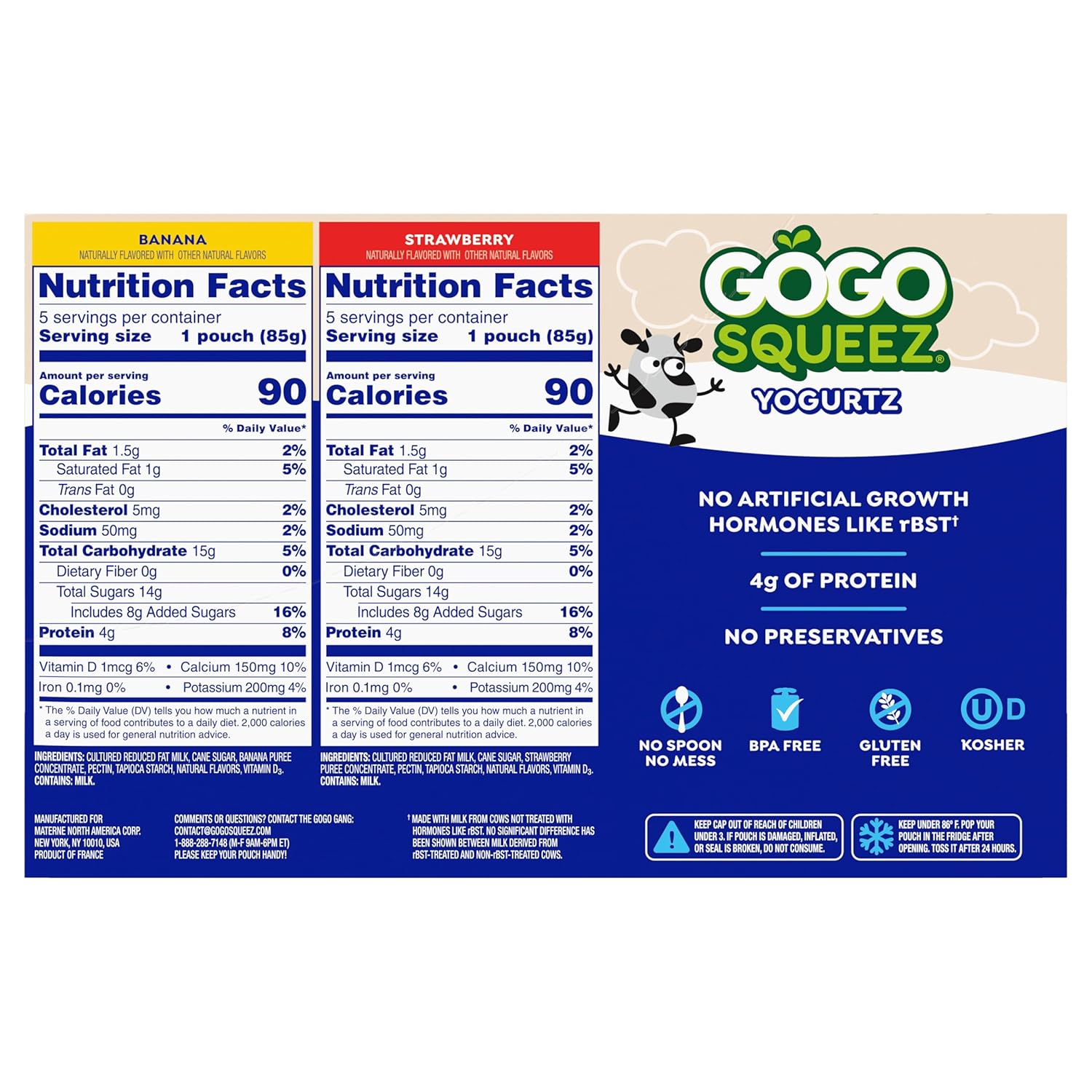GoGo squeeZ yogurtZ Variety Pack, Strawberry & Banana, 3 oz (Pack of 10), Kids Snacks Made from Real Yogurt and Fruit, No Fridge Needed, Gluten Free, Nut Free, BPA Free Pouches (Packaging May Vary)