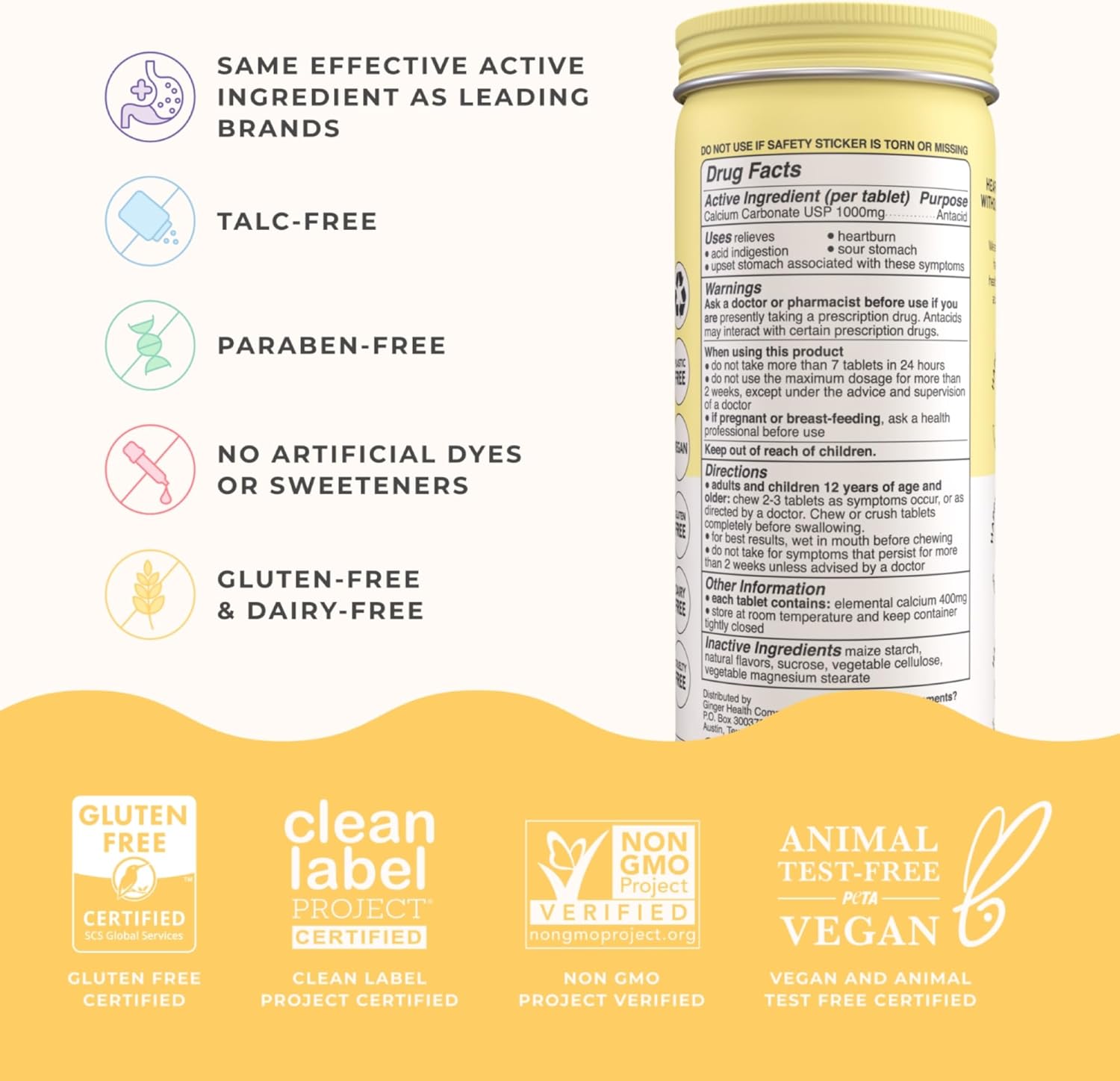 Wonderbelly Antacid, Effective Heartburn and Instant Acid Indigestion Relief, Extra Strength Chewable Tablets, 1000 mg Calcium Carbonate, No Talc or Dye, Lemon Sorbet, 60 Count