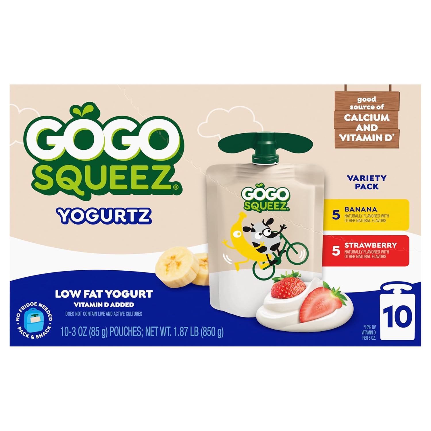 GoGo squeeZ yogurtZ Variety Pack, Strawberry & Banana, 3 oz (Pack of 10), Kids Snacks Made from Real Yogurt and Fruit, No Fridge Needed, Gluten Free, Nut Free, BPA Free Pouches (Packaging May Vary)