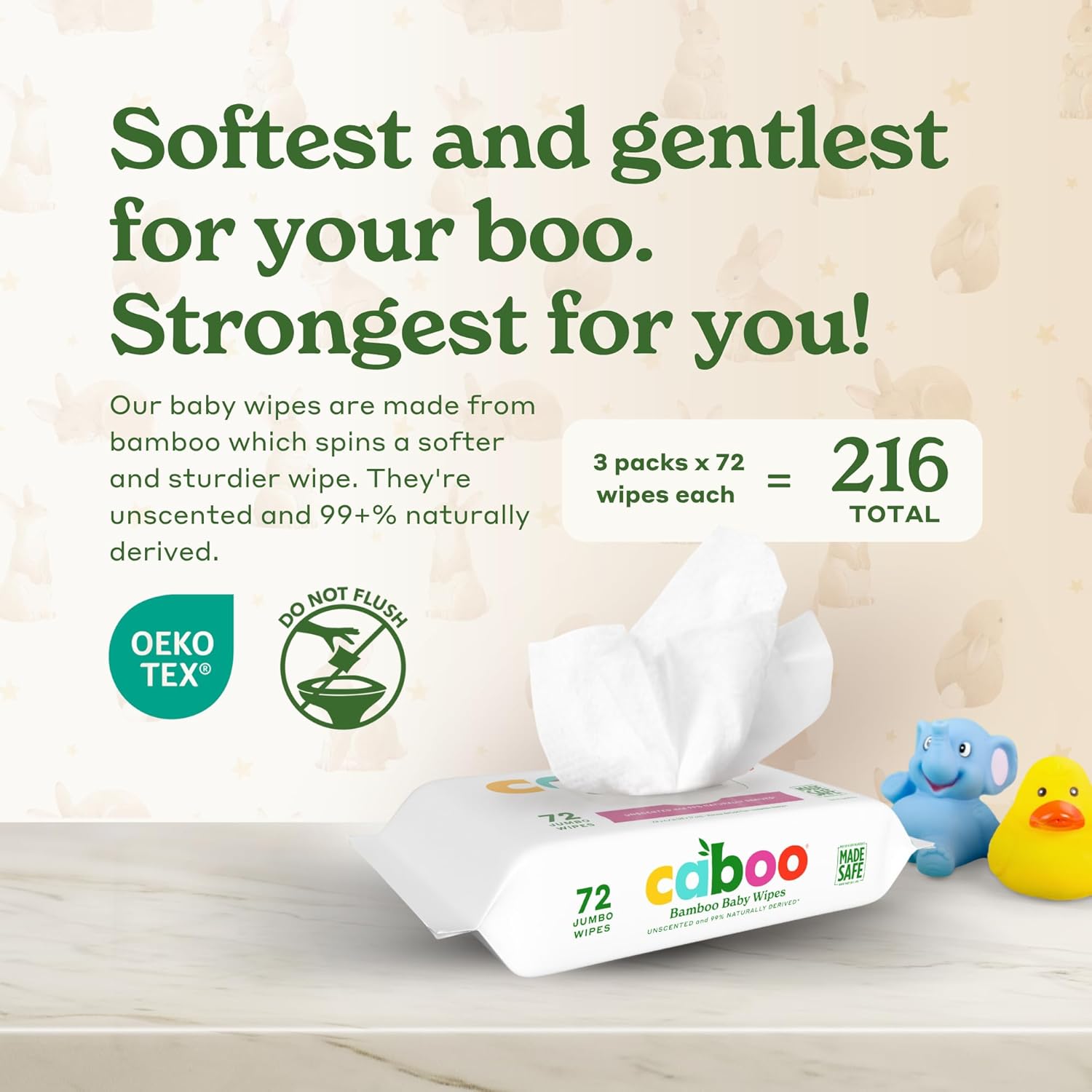 Caboo Baby Wipes, Made with Bamboo Viscose, Certified Made Safe Ingredients, Unscented Baby Wipes Good for Sensitive Skin, 72 Wipes Per Travel Pack, Total of 216 Wet Wipes