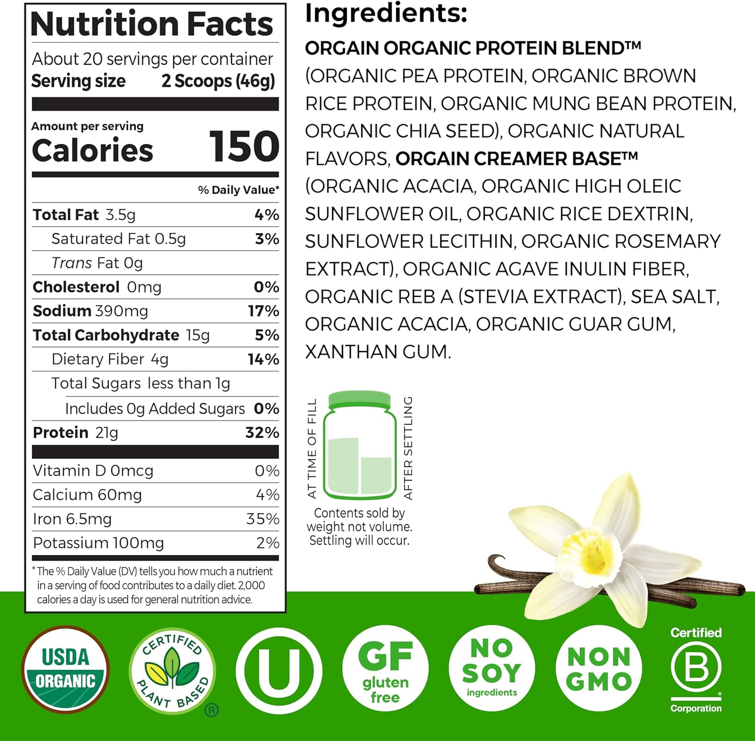 Orgain Organic Vegan Protein Powder, Vanilla Bean