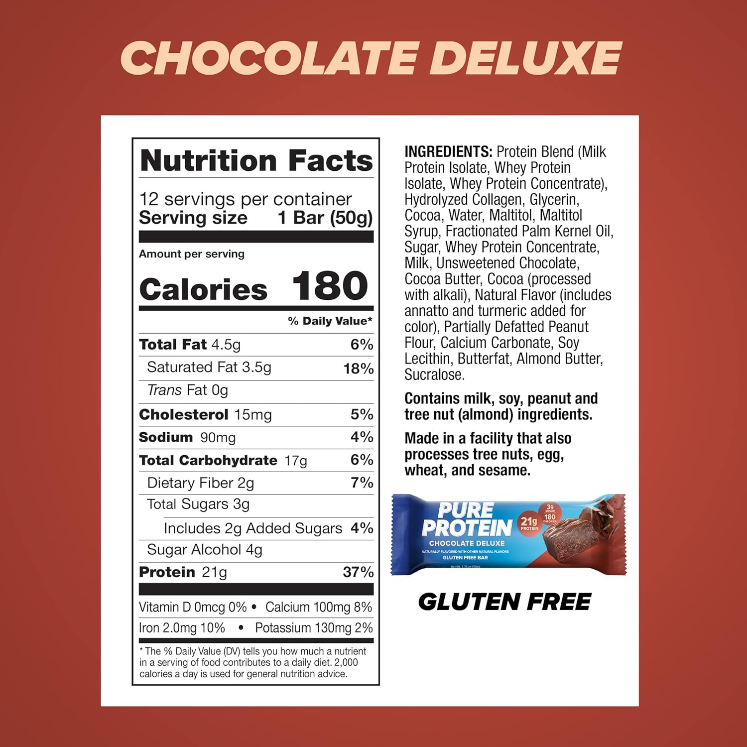 Pure Protein Bars, Chocolate Deluxe, Gluten Free, 21g Protein, 1.76 oz, 4 Count