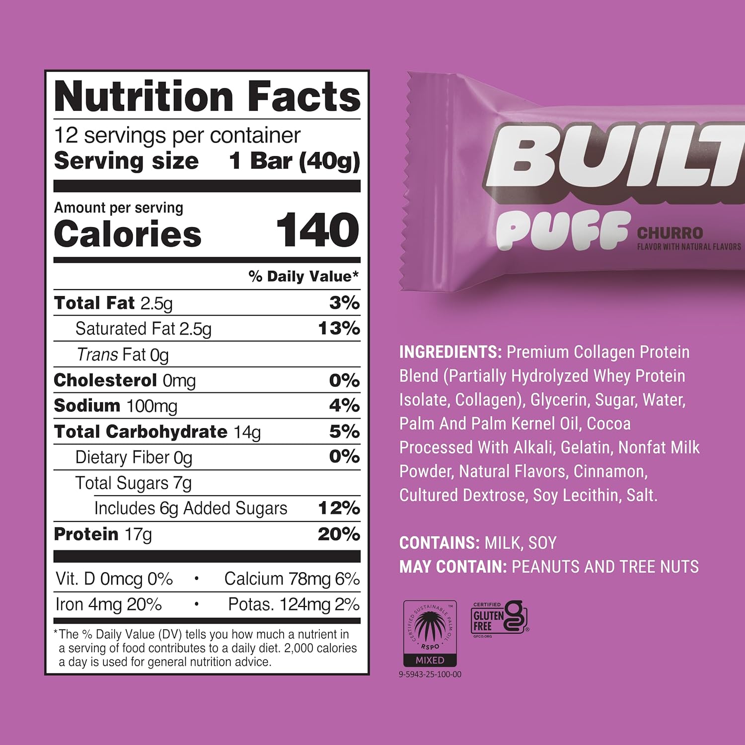BUILT Bar Puff Protein Bars - Churro - 12 Count
