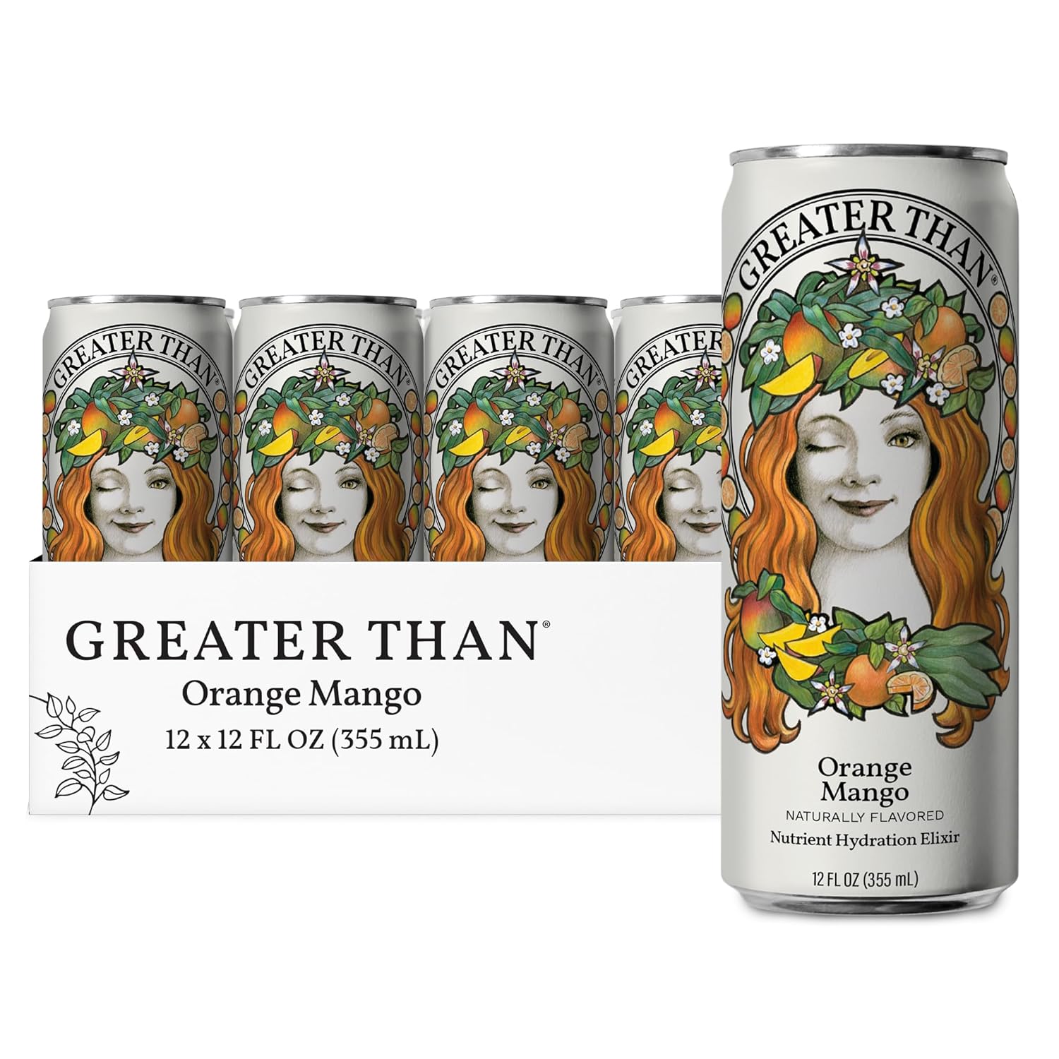 GREATER THAN Hydration for Her - Nutrient Enhanced Coconut Water Electrolyte Beverage with Real Fruit, Plant-Based Vitamins & Fiber, Clean Functional Hydration, Orange Mango, 12 oz (12 Pack)