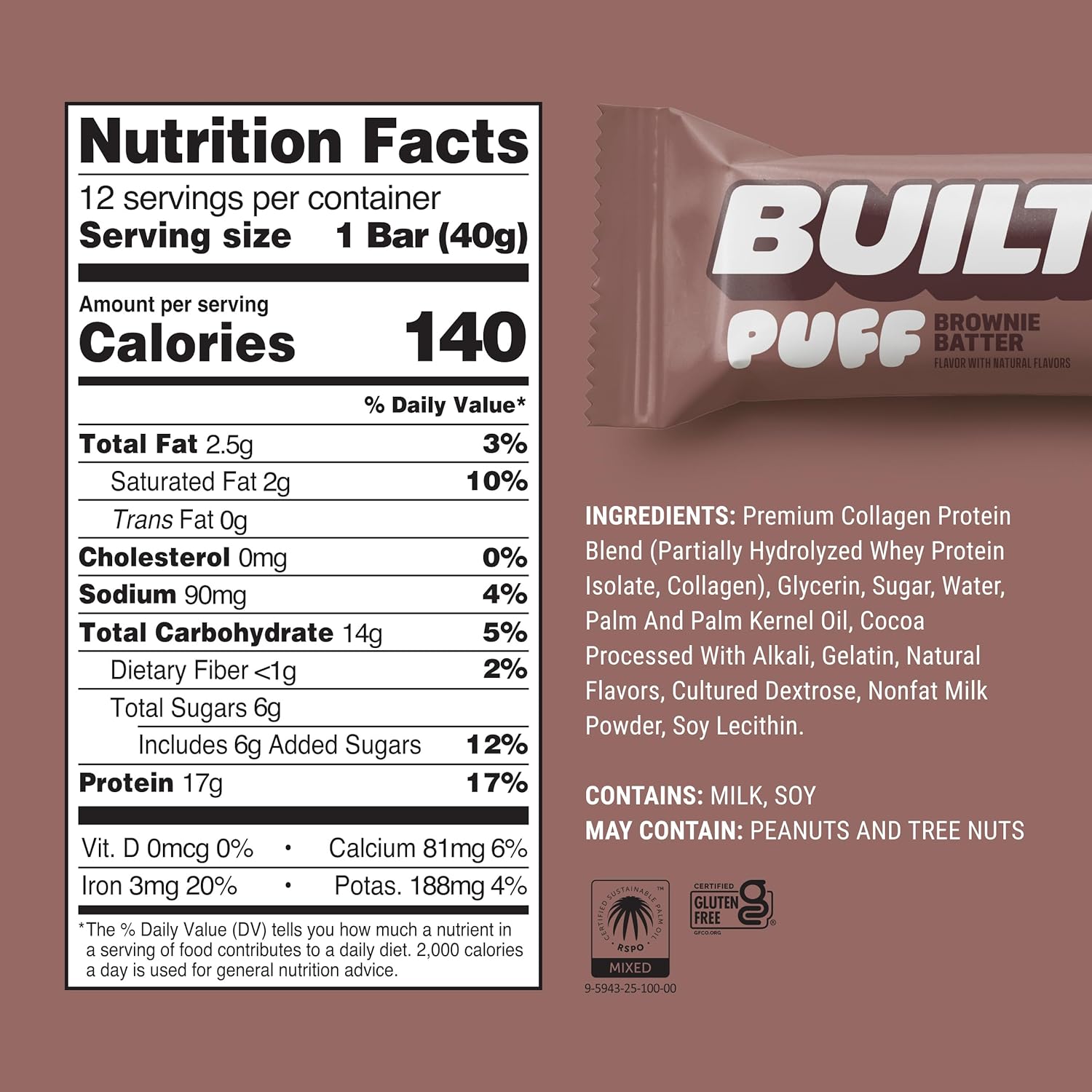 BUILT Bar Puff Protein Bars - Brownie Batter 12 Count